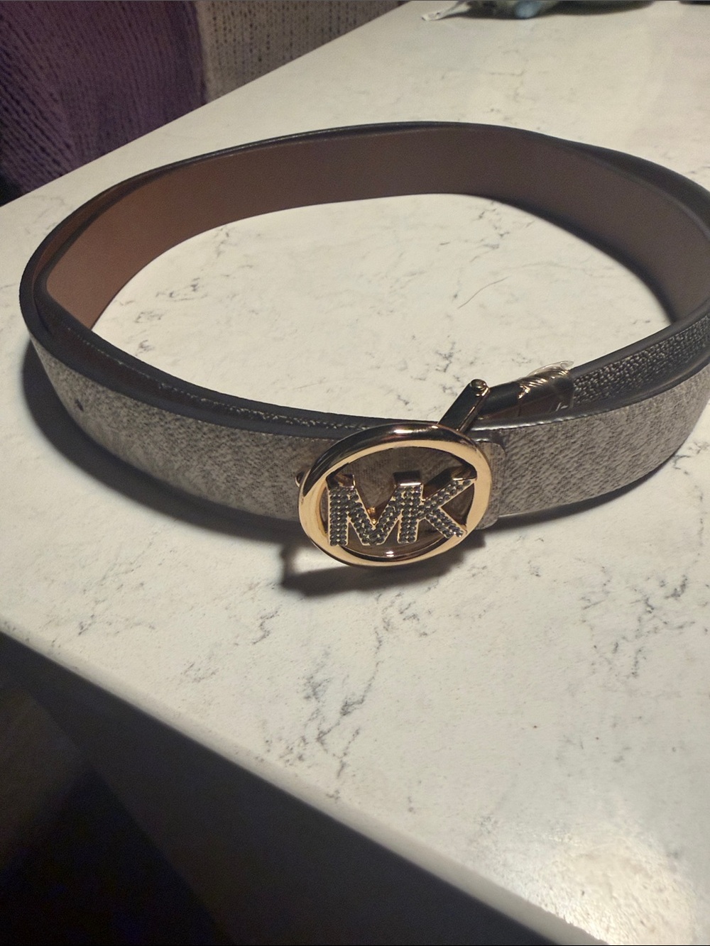 Michael Kors Gray/Brown Logo Belt with Gold MK Buckle